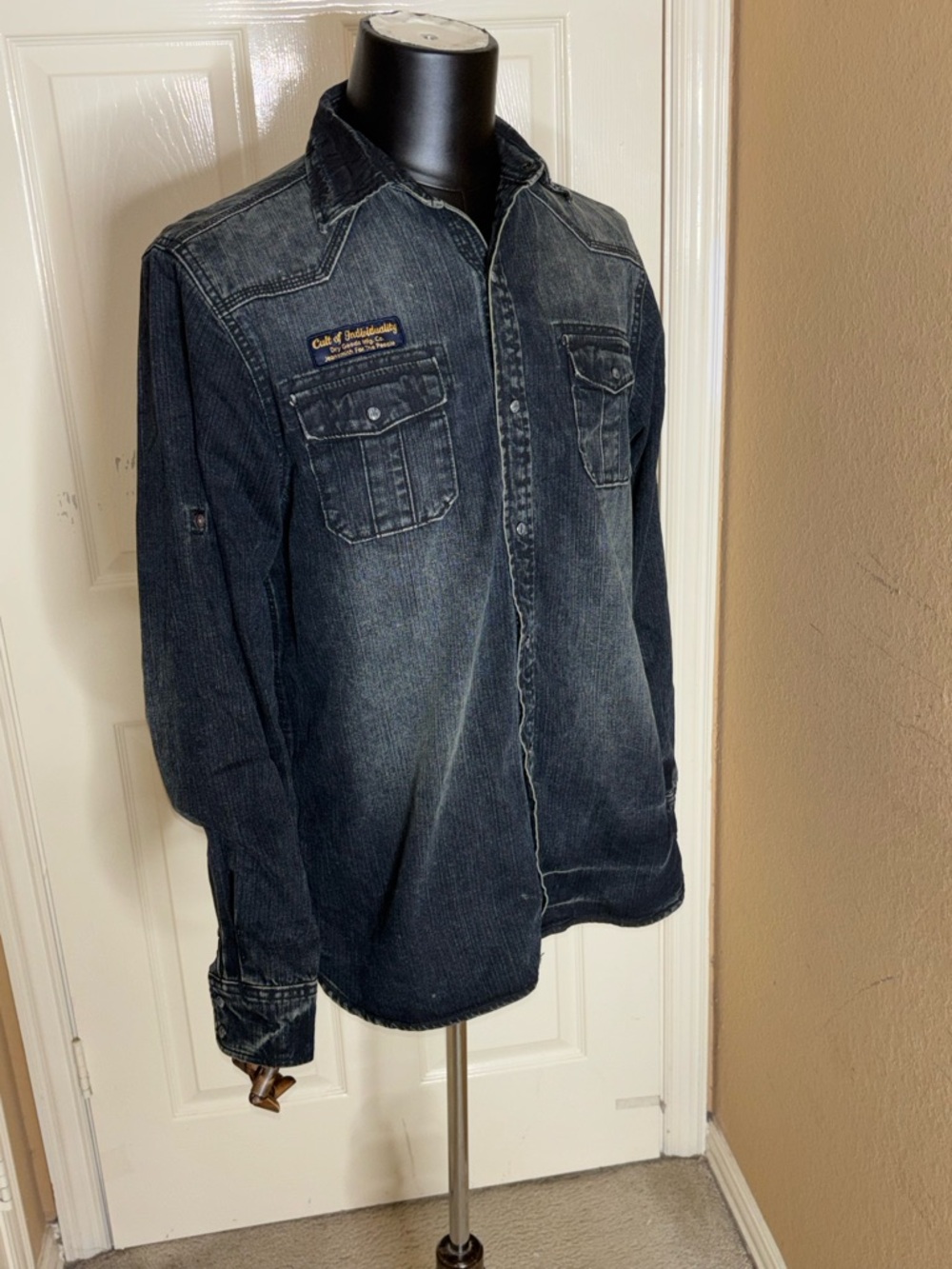 Cult of Individuality Western Pearl Snap Shirt Mens Blue Distressed Denim Large - Picture 5 of 12